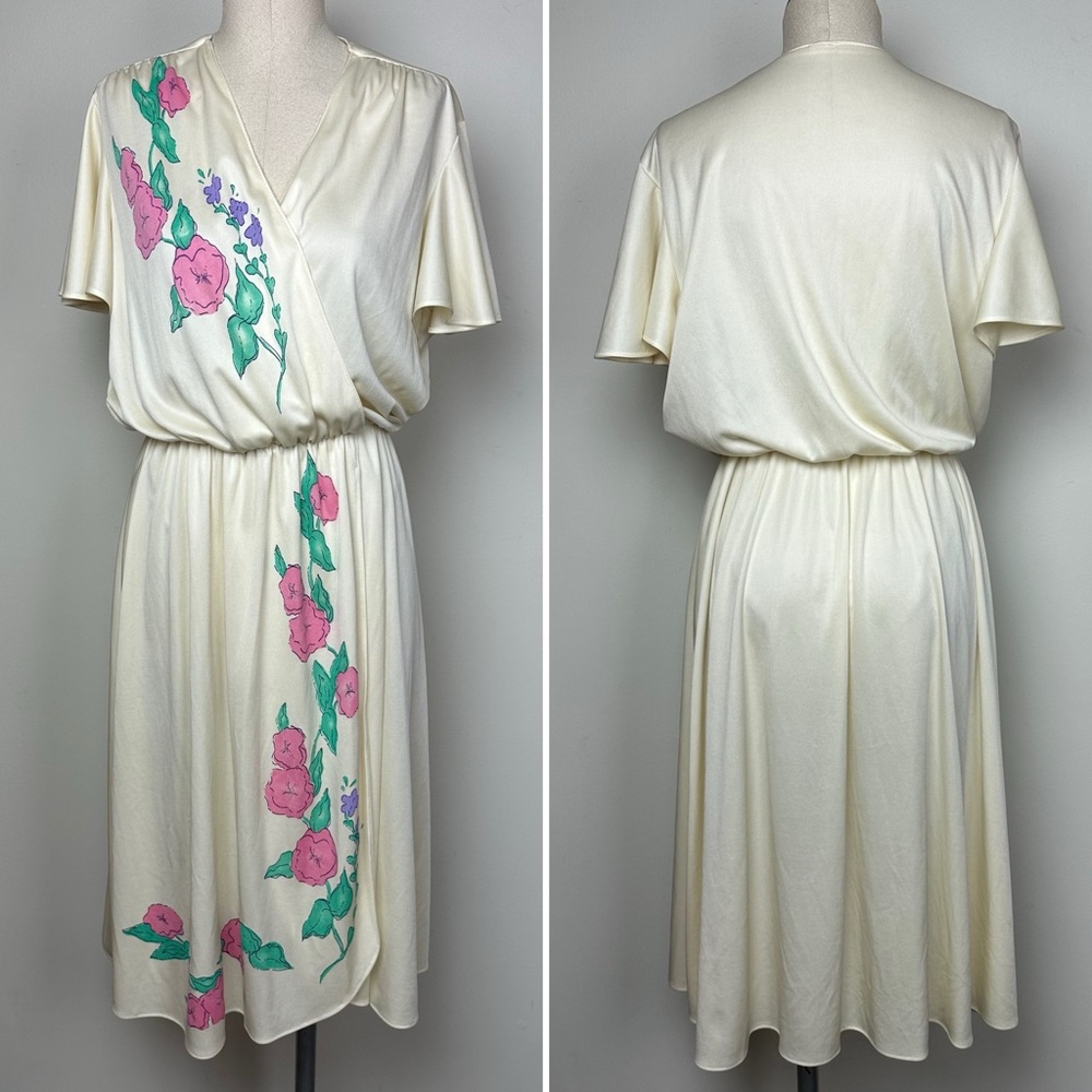 Vintage Faux Wrap Dress with Flutter Sleeves and Floral Spray